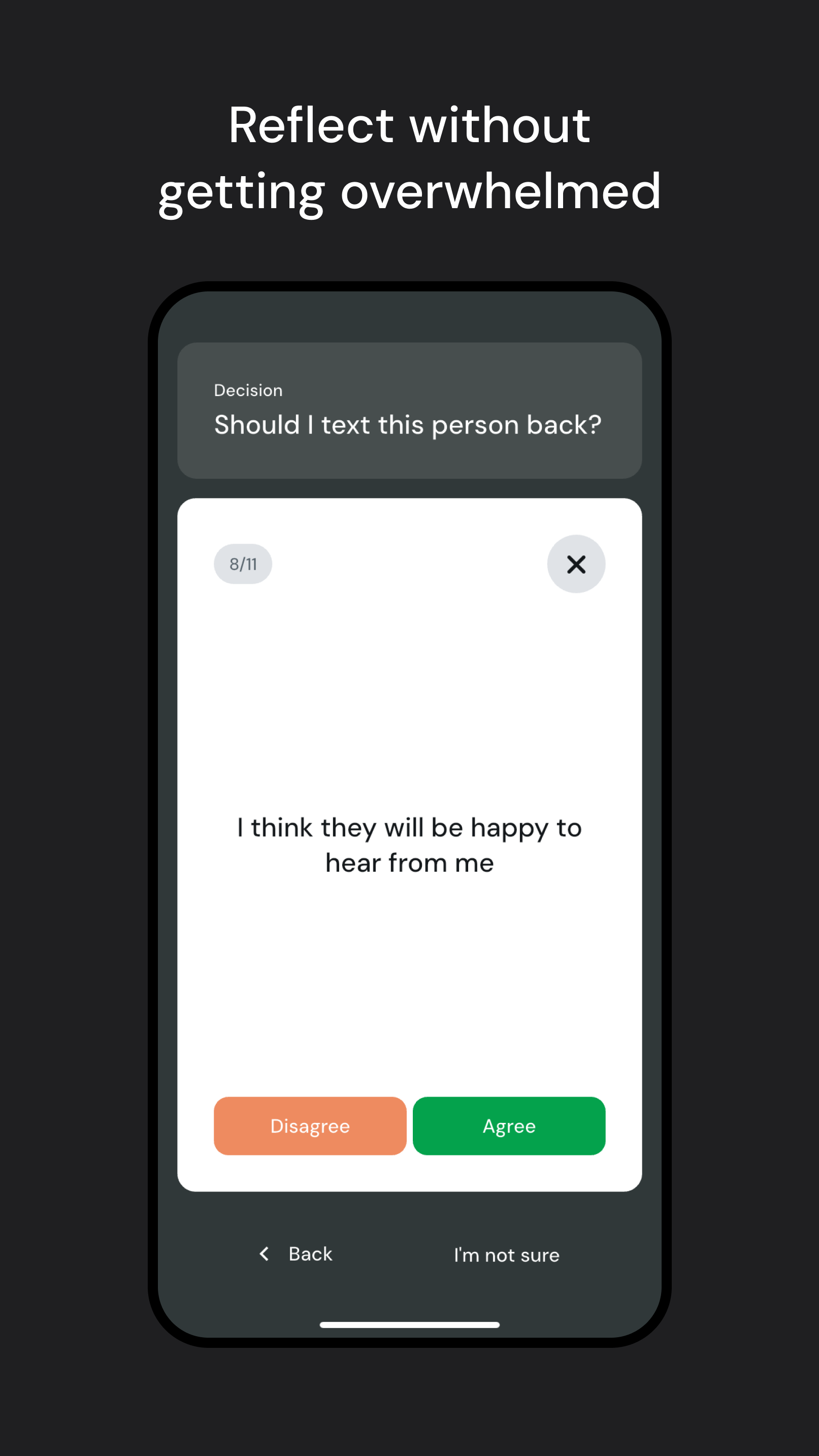 Screenshot of the Decide app guiding a user through a structured decision